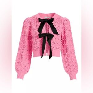 NWT Alice + Olivia Kitty Puff Sleeves Bow Accent Cardigan Sweater L Pink